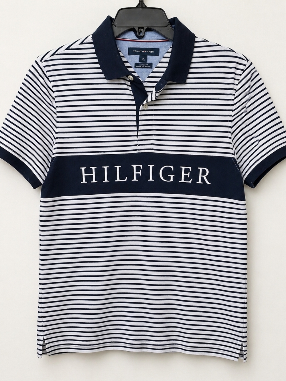 Tommy Hilfiger Black and White Striped Polo M Men Custom Fit